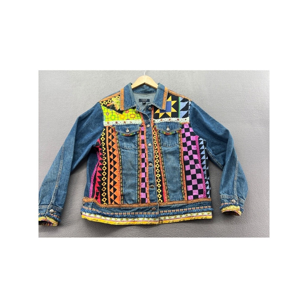 Izod Jeans Jacket Women's Denim Patchwork Beaded Boho Wearable Art Blue 1X